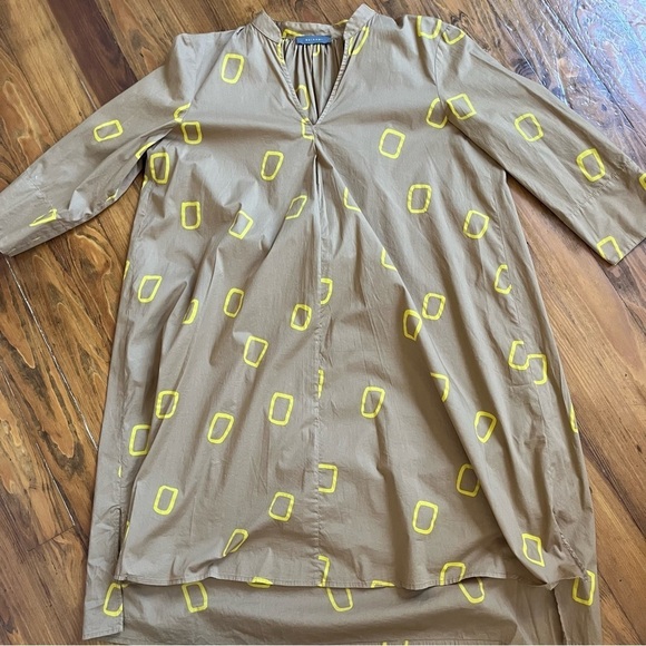 Neirami Oversized Artsy Camel Geometric Yellow Print Midi Dress in S Lagenlook - Picture 9 of 15